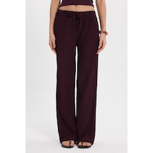Tudors Kadın Relax Fit Rahat Kesim Beli Bağcıklı Lastikli Dokulu Çift Cepli Mürdüm Pantolon-50597