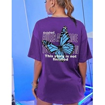Kozia Outdoors Malkoçbey Mavi Sirt Kelebek Baskili Oversize Unisex Basic T-shirt Mor