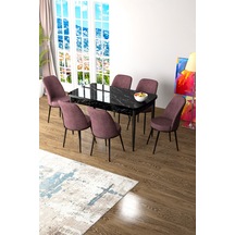 Canisa Zen Serisi 80x132 Mdf Açılabilir Siyah Mermer Desen Masa Takımı Ve 6 Gül Kurusu Sandalye Masa Siyah Mermer Desen Sandalye Gülkurusu