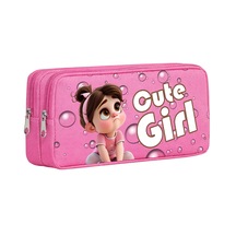 Cute Girl Köpük Baloncuk Desenli Çift Bölmeli Kalemlik Pembe