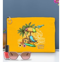 Bk Gift Yaz Temalı-9 Astarlı Sarı Portföy Çanta 30x21cm, Baskılı El Çantası, Organizer Çanta