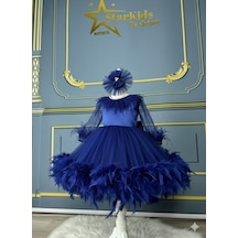 Star Kids Fashion Kız Çoçuk Saks Mavisi Otrişli Elbise, Kız Çocuk Mezuniyet Elbise, Toka Dahil Saks Mavi
