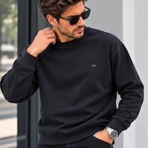 Erkek Modal Kumaş Bisiklet Yaka Sweatshirt Şık Tasarım, Tam Kalıp Siyah