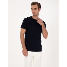 Lacivert Slim Fit %100 Pamuk Bisiklet Yaka Şerit Detaylı T-shirt