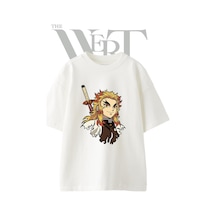 Thewert Kyojuro Rengoku Tasarım Baskılı Ünisex Beyaz Oversize T-shirt