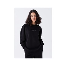 LC Waikiki Lcw Vision Bisiklet Yaka Baskılı Uzun Kollu Oversize Kadın Sweatshirt Black