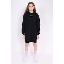 Toontoy Kız Çocuk Baskılı Oversize Bisiklet Yaka Uzun Kollu Elbise - Siyah