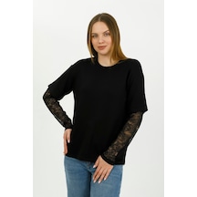 Hdm Kadın Siyah Kolu Dantelli Oversize Bisiklet Yaka Tişört - H6060