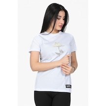Gül Desenli Bisiklet Yaka Normal Kalıp Tshirt Beyaz-beyaz Beyaz