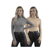 Hashtag Kadın Balıkçı Yaka Parmak Detaylı Body 2'li Set Viskon Kumaş Bej Gri