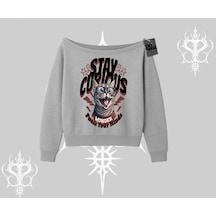 Stay Curious Kedi Baskılı Kayık Yaka Sweatshirt Gri