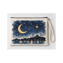 İstanbul Gece Silüeti Baskılı Fermuarlı Makyaj Çantası Bozuk Para Cüzdanı Clutch