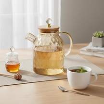 1600 Ml Kristal Desenli Isıya Dayanıklı Cam Demlik - Ahşap Kapaklı, Gold Detaylı Büyük Boy Borosilikat Çaydanlık çok renkli