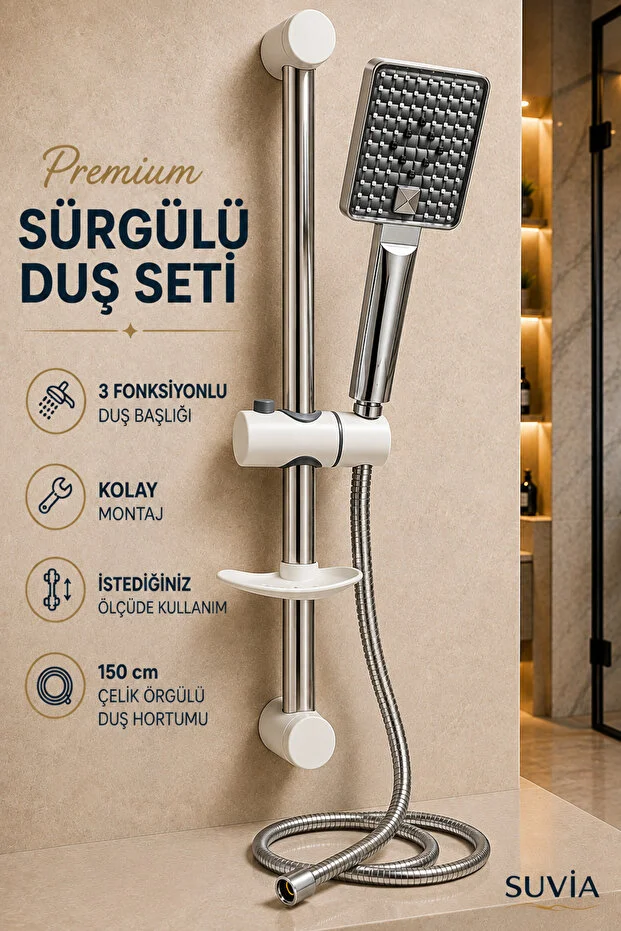 Sürgülü Duş Seti 3 Fonksiyonlu Başlık 150 Cm Hortum Duş Sistemi Beyaz - Mavi