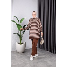 Hira Life Fashion Kadın Tesettür Giyim Bisiklet Yaka Ve Ön Çizgili Dokuma Uzun 2 İplik Tunik İkili Takım Kahverengi Kahverengi