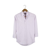 Erkek Lila Kalın Dik Çizgili Uzun Kollu Slim Fit Gömlek Lila