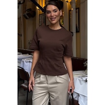 Kahverengi Kadın Bisiklet Yaka Belden Oturtmalı Basic Tişört Mg2670 Kahverengi