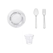 Omeyva 26 Cm. Şeffaf Plastik Sorfa Piknik Seti - 48 Kişilik Tabak Bardak Çatal Kaşık Takımı