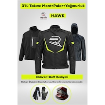 Revo Hawk Neon Sarı 3 Katmanlı 4 Mevsim Unisex Motosiklet Montu + Eldiven Ve Buff