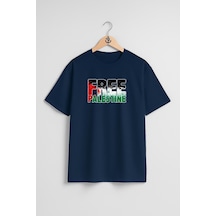 Bahriyeli Collection Oversize Free Palestine Göğüs Tasarımlı Unisex T-shirt Lacivert