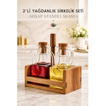 2'li Cam Yağdanlık Sirkelik Seti Ahşap Standlı Akasya Yağlık Sirkelik Mutfak Sunum Seti
