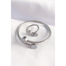 Buğz 316l Çelik Gümüş Renk Oval Aksesuarlı Burgu Model Bileklik Ve Yüzük Kombini Diğer