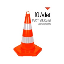 10 Adet PVC Trafik Konisi 50 cm Reflektifli 6 Kenar Trafik Dubası