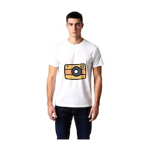 Paybuy Sarı Fotoğraf Makinesi Illüstrasyonu Baskılı Erkek Tişört Beyaz