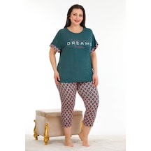 Yeşil Renk Ve Desenli Lady 10676 Kadın Kısa Kol Kaprili Büyük Beden Pijama Takımı Koyu Yeşil