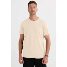 Tudors Unisex Relax Fit Rahat Kesim %100 Pamuk Yumuşak Dokulu Hafif Kalın Bej Bisiklet Yaka Tişört-36916 Bej