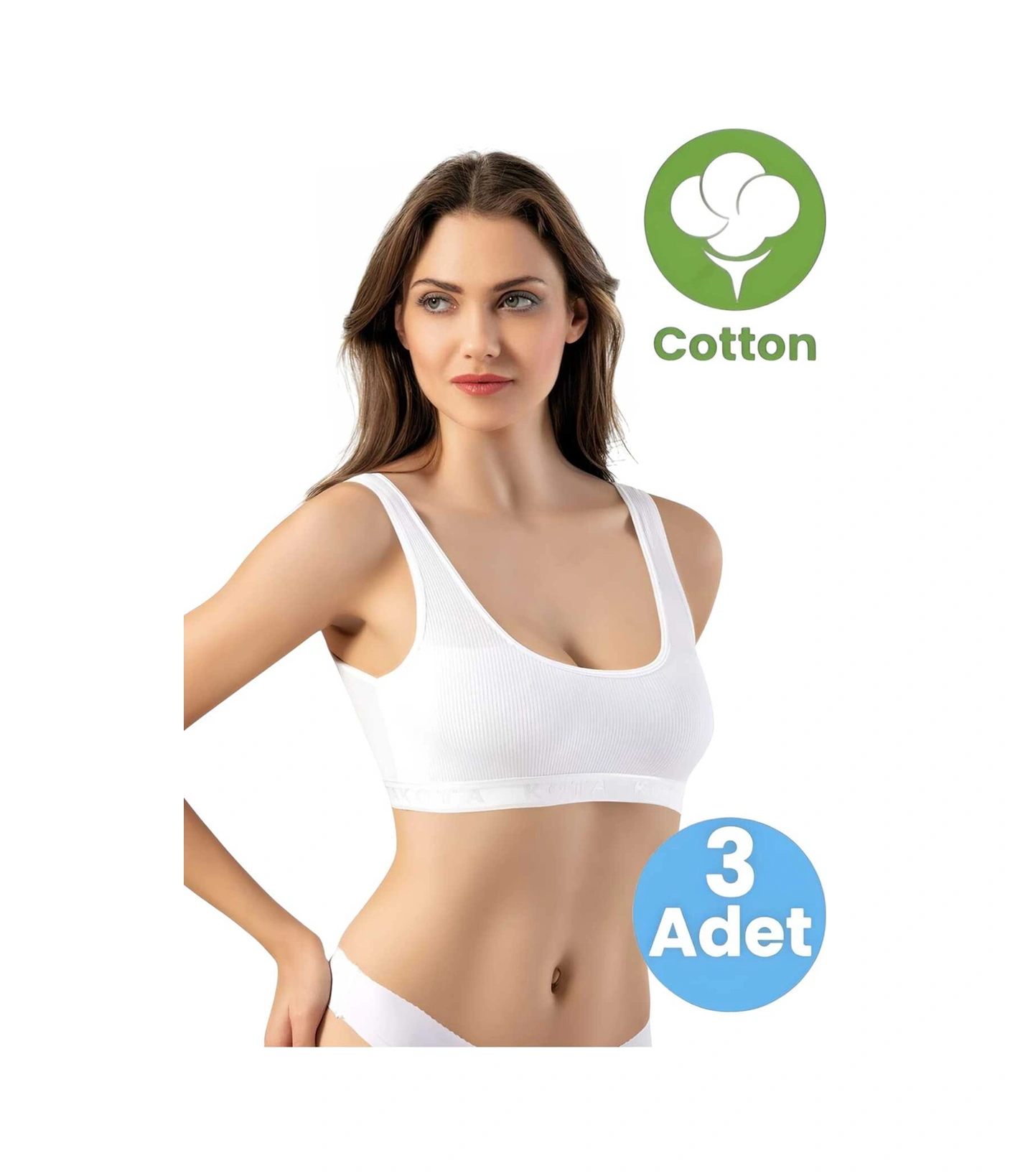 Tezzgelsin Kadın 3'lü Geniş Askılı Penye Kaşkorse Kumaş Pedli Crop Büstiyer Sütyen Beyaz