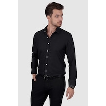 Beyaz Nokta Desenli Siyah Slimfit Erkek Gömlek Siyah