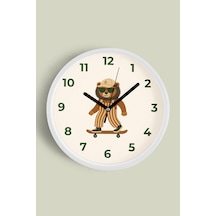 Kaykay Yapan Köpek Tasarımı Modern Duvar Saati - Çocuk Odası Duvar Saati - 42cm - Önü Camlı Beyaz