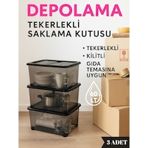 60 Lt Tekerlekli Saklama Kutusu 3'lü Set - Kilitli, Gıda Temasına Uygun, Şeffaf Depolama Kutusu Siyah