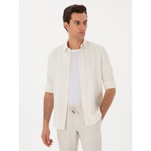 Cacharel Bej Slim Fit Çizgili Keten Karışımlı Gömlek Cacharel Bej Slim Fit Çizgili Keten Karışımlı Gömlek
