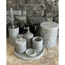 Gri Polen Stone Mermer Japon Gülü Gümüş Aksesuarlı 7'li Banyo Seti Beyaz