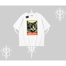 Tarzsokak Meow Yazılı Kedi Portre Baskılı Oversize Tshirt Beyaz