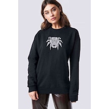 The Witcher Bear School Splash Baskılı Siyah Kadın Sweashirt