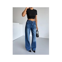 Kene Jeans Yüksek Bel Mavi Ön İşlemli Wide Leg Bol Paça Jeans Pantolon Mavi İşlemli