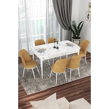 Canisa Kor Serisi 70x114 Açılabilir Mutfak Masası Takımı Beyaz Mermer Desen Masa 6 Cappucino Sandalye Masa Beyaz Mermer Desenli Sandalyeler Cappucıno