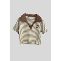 Turuncu Gardrop 8-14 Yaş Polo Yaka Çizgili Crop Cappuccino Sütlü Kahve