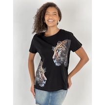 Kadın Leopar Desenli Siyah Tişört Siyah