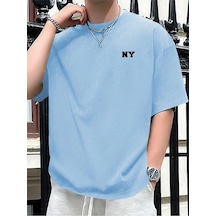 Ny Yazı Süprem T-shirt - Bebe Mavi Baskılı Oversize Bisiklet Yaka Tişört Bebe Mavisi-79027