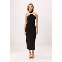 Benerly Kadın Bodycon Halter Yaka Kolsuz Midi Esnek Örme Elbise Aksesuar Siyah