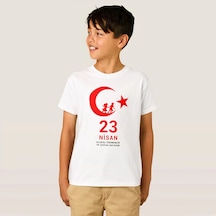 Çocuk 23 Nisan Ulusal Egemenlik Ve Çocuk Bayramı Baskılı Bisiklet Yaka T-shirt - Beyaz Çok Renkli