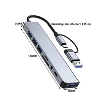 Usb C Hub 8'i 1 Arada Usb Hub 3.0 Multiport Adaptörü, Tf/sd Kart Okuyucu, 3,5 Mm Ses Bağlantısı, Usb-a/c-3.0 Bağlantı Noktası, İphone 16 Serisi Macbook Air/pro, Galaxy, İpad, Windows Vb. İle