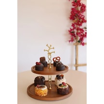 2 Katlı 21/25 Cm Gold Çiçekli Ahşap Kek Sunum Standı