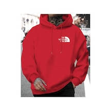Herkesemoda Göğüs Baskı Yazı Detaylı İçi Polarlı Kapüşonlu Sweatshirt Kırmızı