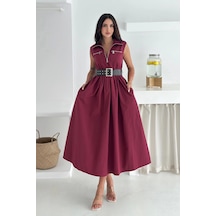 Asprin Fashion Paraşüt Kumaş Kemerli Elbise Bordo Bordo