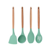 Yeşil Yeşil Silikon Mutfak Pişirme Gereçleri Seti Yapışmaz Tencere Spatula Kürek Yumurta Çırpıcı Ahşap Saplı Mutfak Alet Seti 4pcs Yeşil